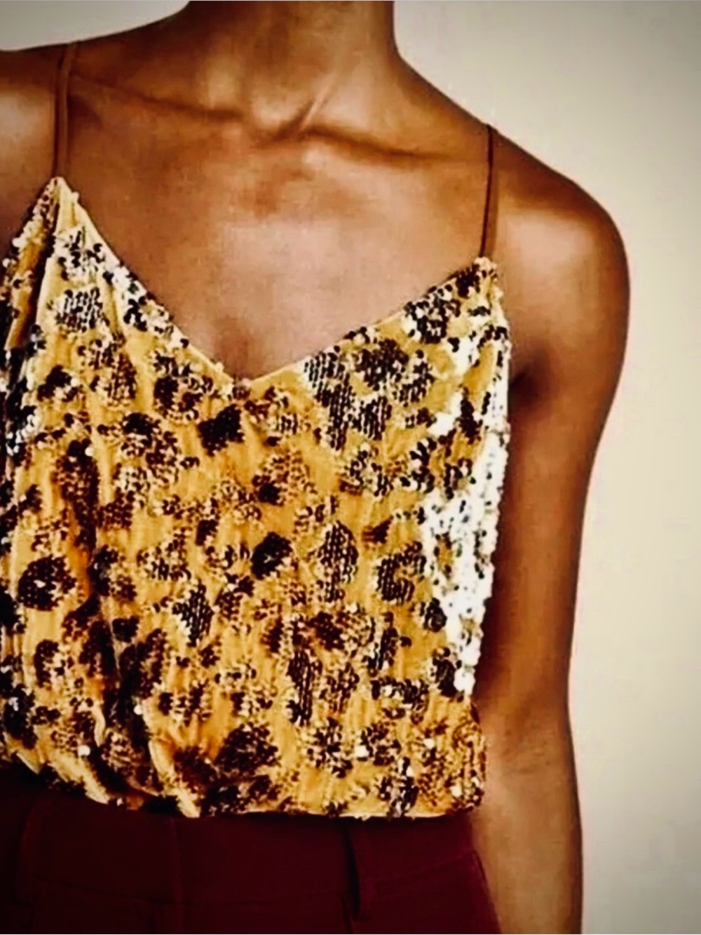 ♥️ RO + DE Sequin Leopard Print Cami Tank Top - Mustard ANTHROPOLOGIE SEQUIN - Picture 7 of 16